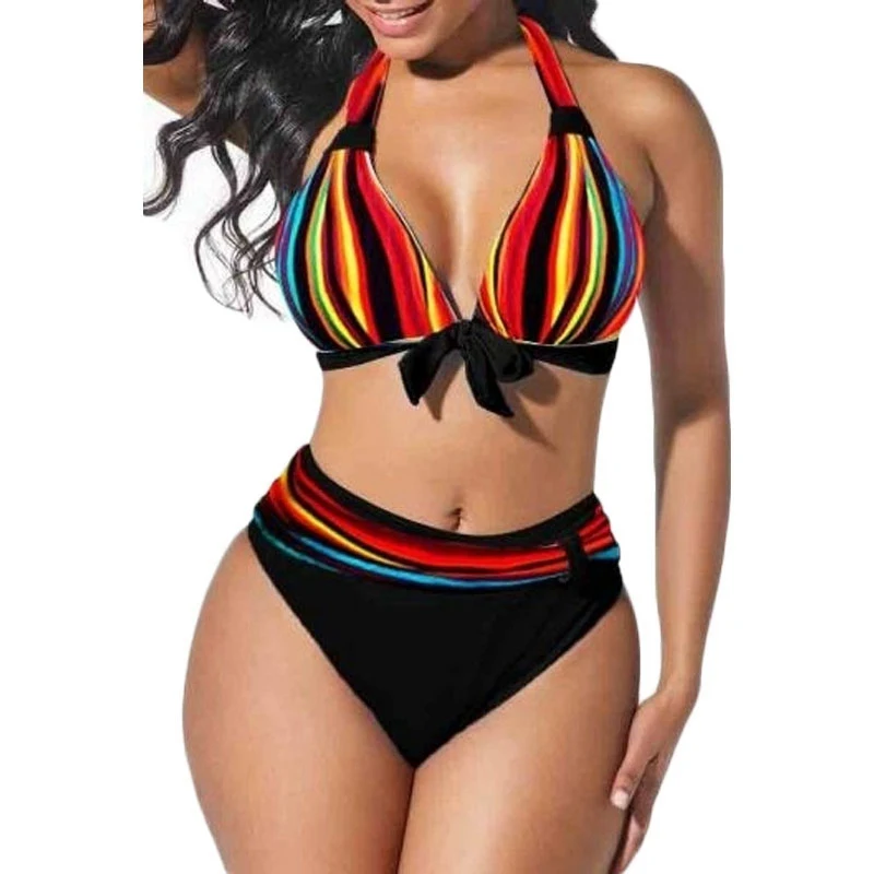 

Plus Size Neon Striped Bikini Set Push Up Women High Waist Halter Beach Swimwear Retro Bowknot Bathing Suit Swimming Suit