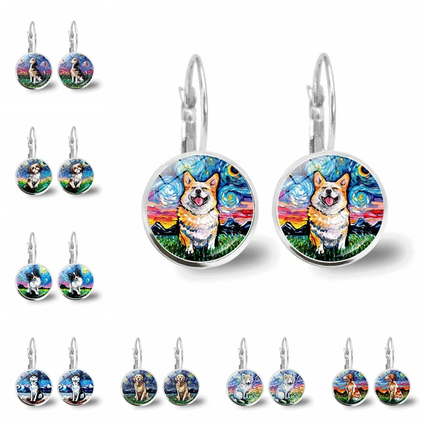 Popular Jewelry Glass Pendant Alloy Earrings Van Gogh The Starry Night Oil Painting Lovely Dogs Under Sky |
