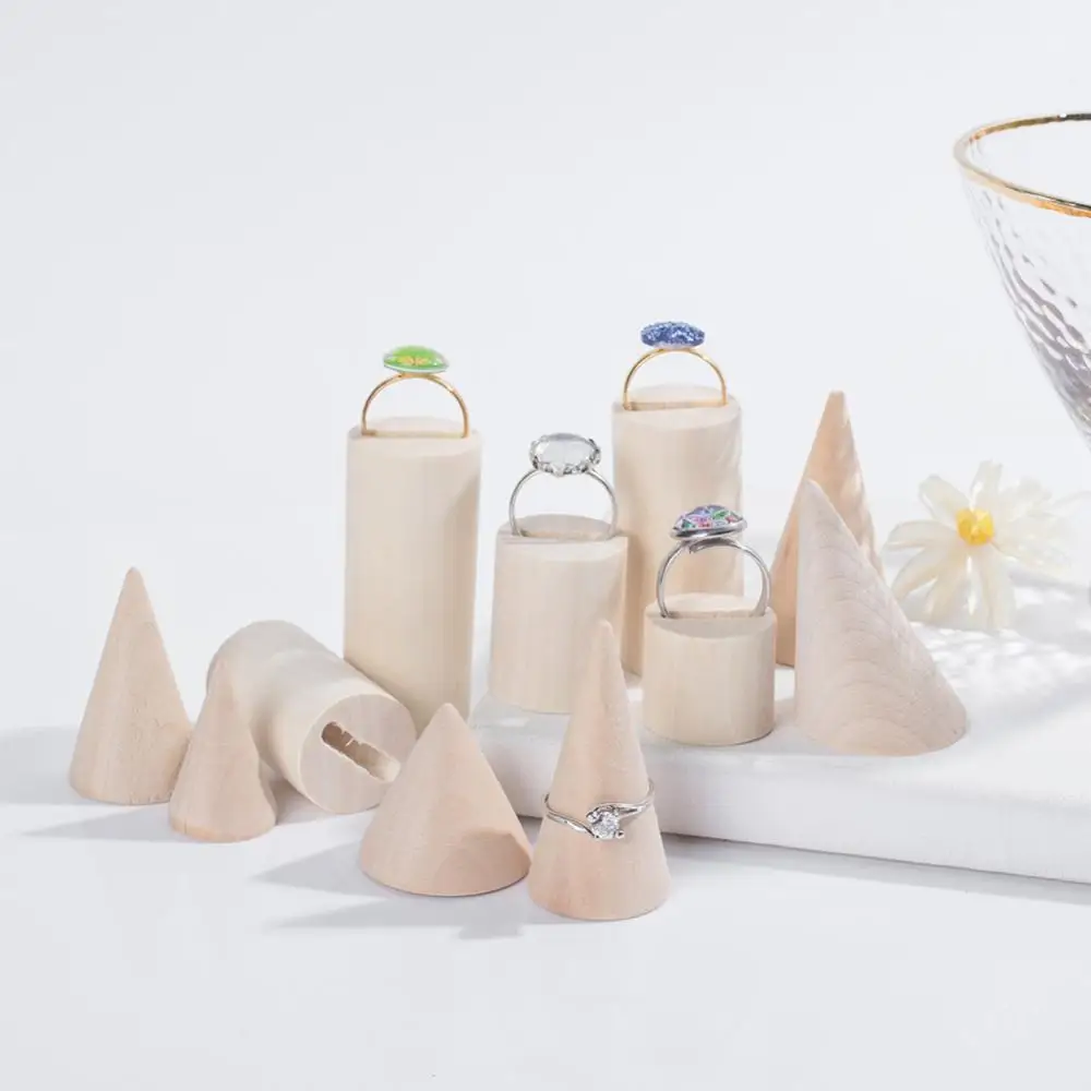 11Pcs Natural Wood Cone Ring Holders Unpainted Wooden Column Jewelry Display Holder for DIY Crafts Supplies Storage Rack