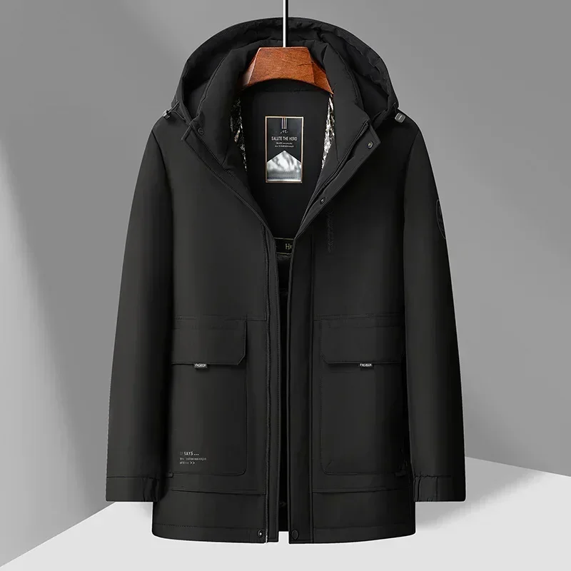 Мужская зимняя куртка средней и длины на белом утином пуху со съемным воротником