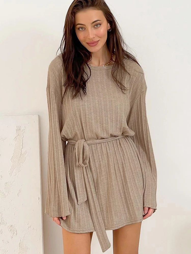 

Коричневое Ночное платье Linad, женская трикотажная одежда для сна в рубчик с длинным рукавом и круглым вырезом, женская повседневная одежда для сна, осенние женские платья 2023