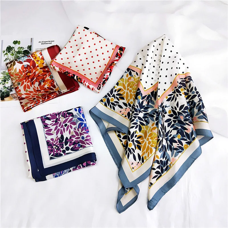 

Floral Print Hijab Hair Scarf for Ladies Small Shawl Satin Neck Scarfs For Women 70*70cm Square Handkerchief Bag Scarves Female