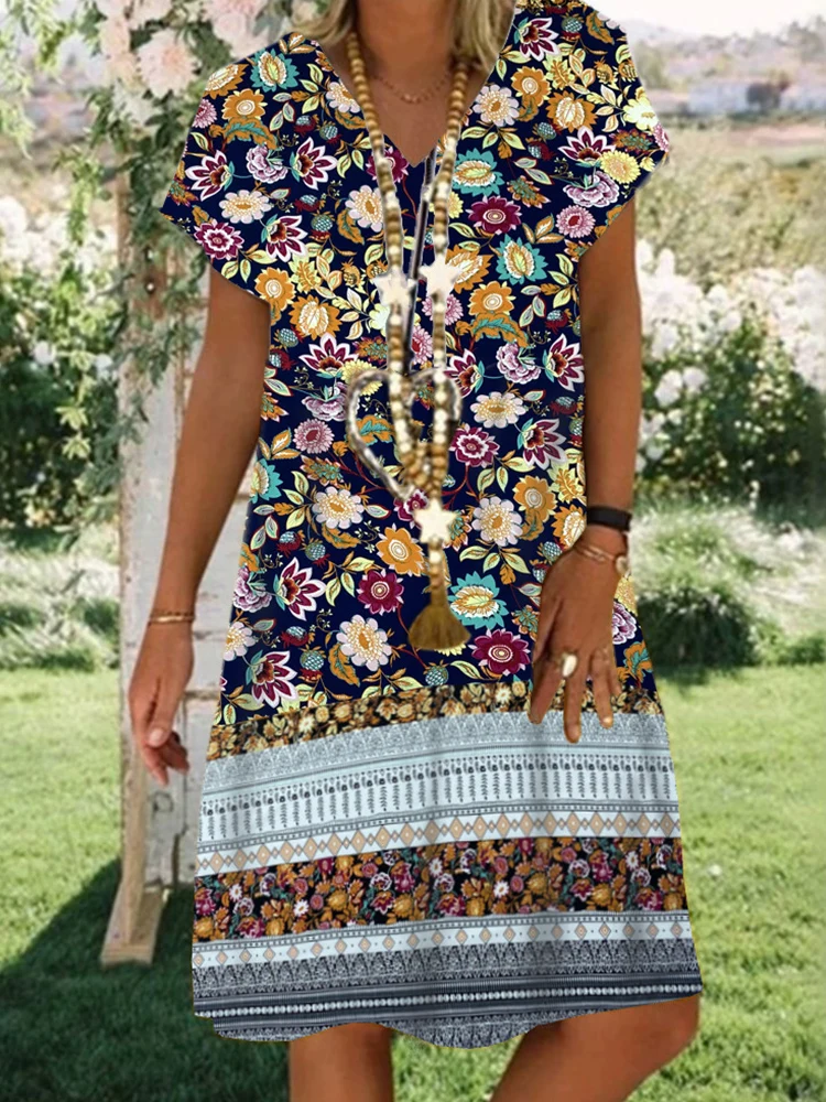 

Floral Print Bohemian Women Beach Dresses Elegant V-Neck Short Sleeve Casual Dress Female 2022 Summer Loose Mini Dress