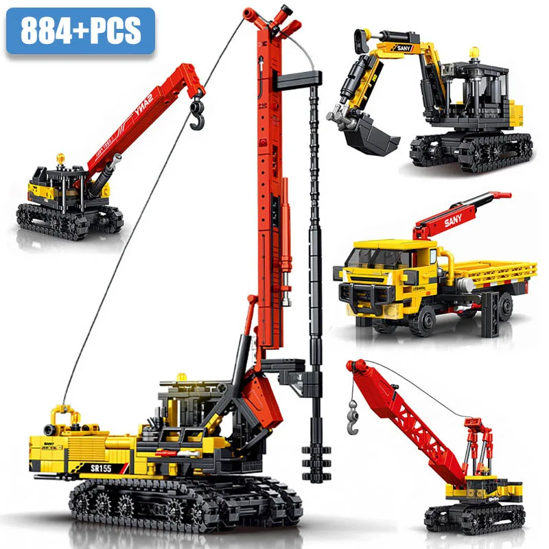 

City 4 In 1 884pcs Rotary Drilling Rig Model Building Blocks Technical Engineering Car Excavator Crawler Crane Bricks Toys Gifts