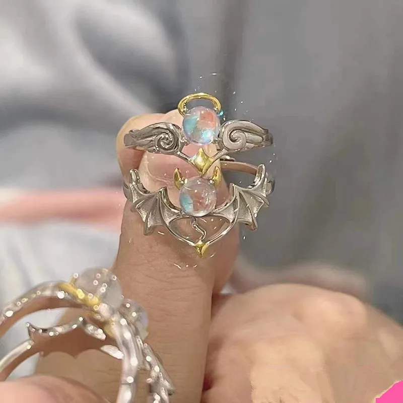 

Romantic Angel Demon Wings Couple Rings For Women Gothic Fashion Moonstone Adjustable Opening Finger Rings Party Jewelry Gifts