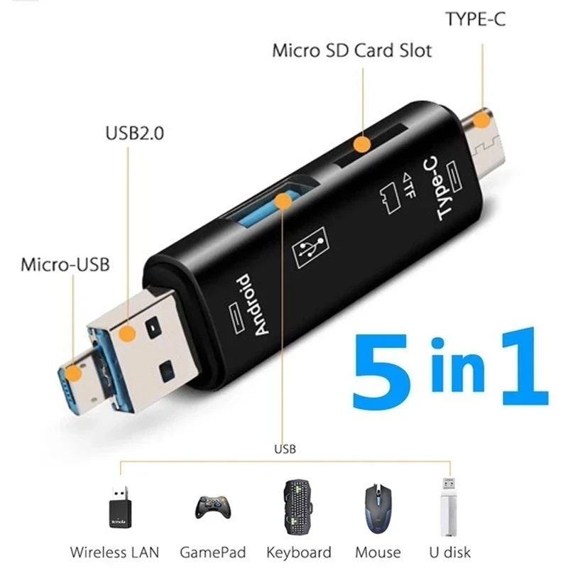

5 in 1 Multifunction Usb 2.0 Type C/Usb /Micro Usb/Tf/SD Memory Card Reader OTG Card Reader Adapter Mobile Phone Accessories