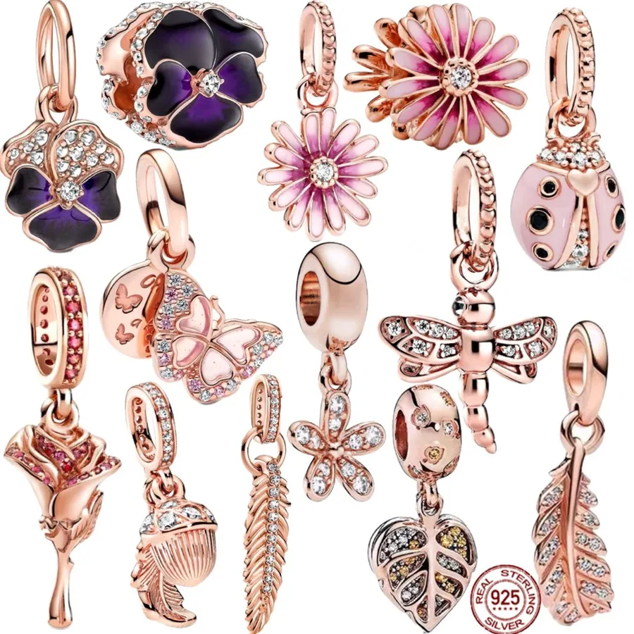 

Rose Gold Series Daisy,Ladybird,Rose,Feather,Dragonfly,Butterfly,Silver 925 Fit Original Bracelet Charm Bead Jewelry
