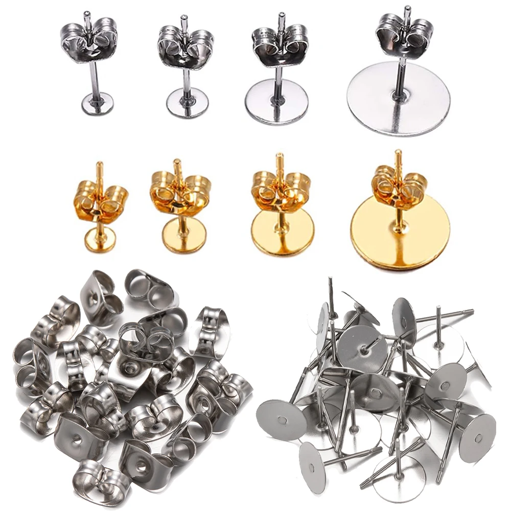 Пустая основа для сережек-гвоздиков из нержавеющей стали золотистого цвета, основа для сережек-кабошонов, принадлежности для бижутерии «сделай сам», 100 набор