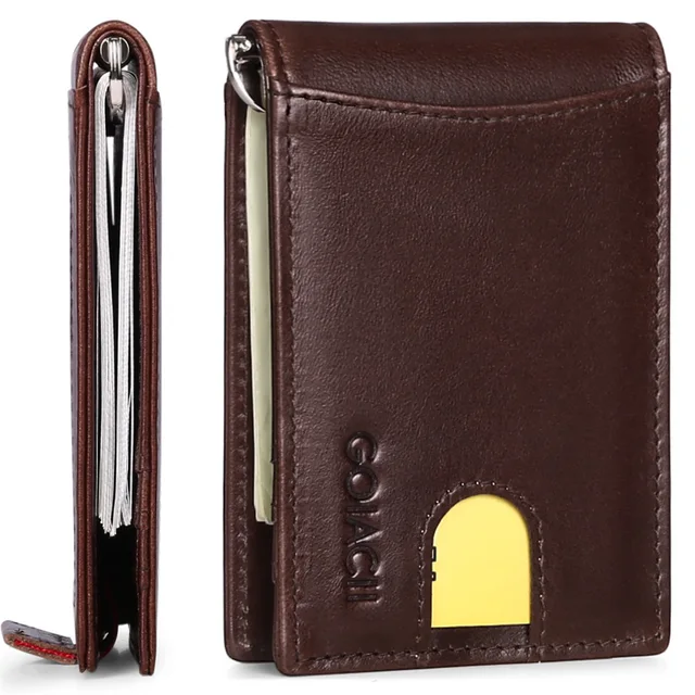 Men's Double Fold Genuine Leather Wallet RFID Minimalism Business Credit Card ID Badge Holder Bag Money Clip for Men 2