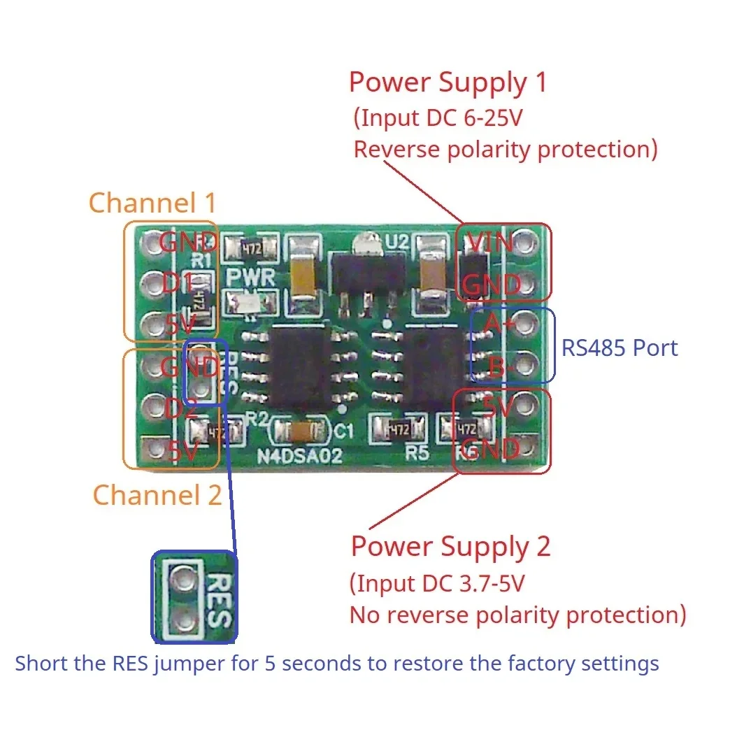 Фото 2-канальный модуль датчика температуры Modbus от -55 до +125°C DS18B20 с платой адаптера RS485 для ПЛК, безбумажного регистратора и термостатического управления. №5