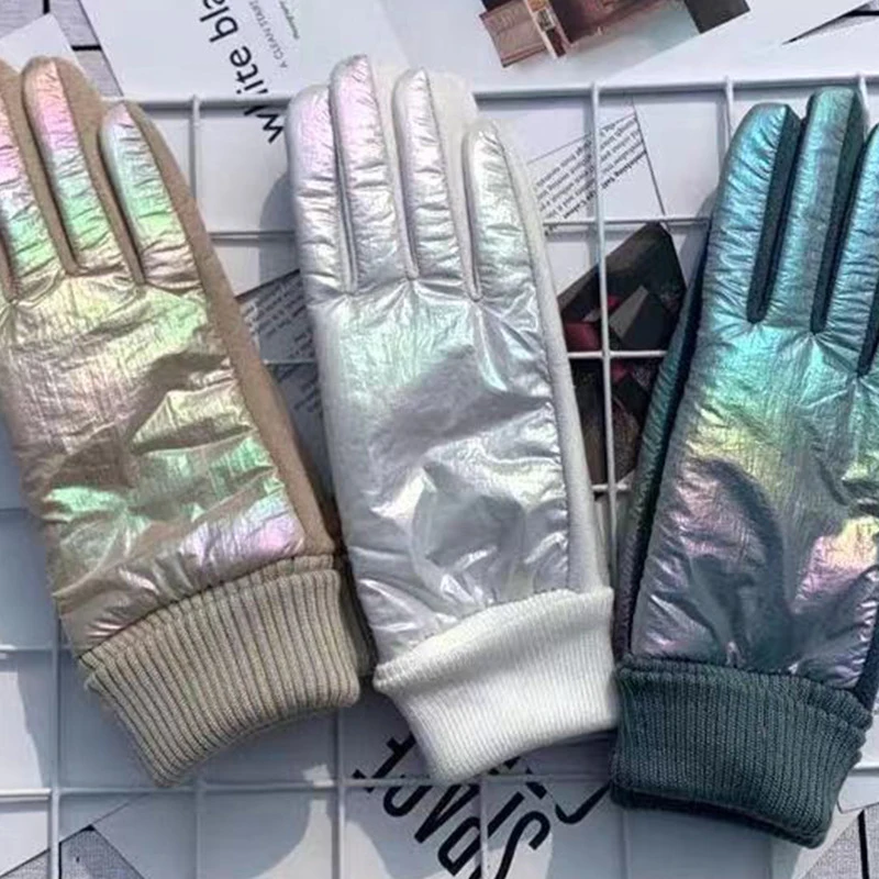 

Winter Driving Cycling Gloves Glossy Windproof Down Cotton Suede Soft Gloves Keep Warm Gloves Outdoor Full Finger Thick Mittens