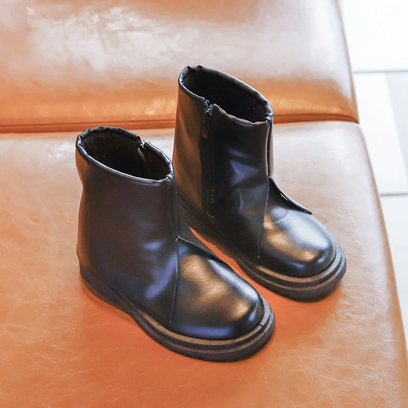 

Girls' New Trend Fashion Solid Leather Warm Princess Single Boot Children's Side Zipper Waterproof Flat Bottom Snow Boots