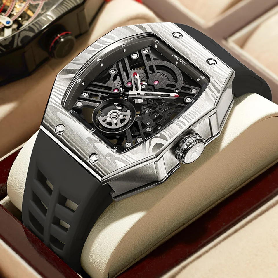 

JINLERY Richard Mechanical Watches Automatic Watch for Men Luxury Skeleton Man Square Wristwatch Rubber Strap Relogio Masculino