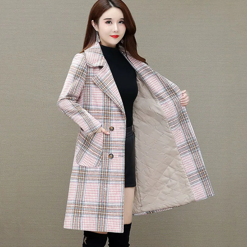

NEW Women Plaid Blended Wool Coat Autumn Winter Long Thicken Warm Overcoat Female Woolen Outerwear Casual Trench Coats Khaki 5XL