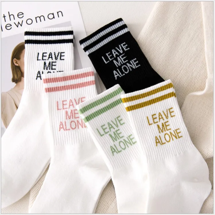 

Women Socks Middle Tube Socks with Letters Leave Me Alone Simple Casual Socks Stripes Spring and Summer Fashion Socks