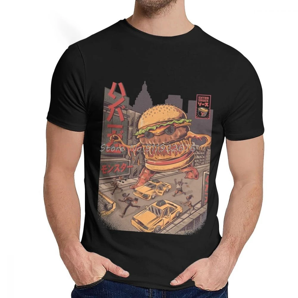 

For Man Tshirts BurgerZilla Japan Anime Great Geek O-neck Hip Hop Short Sleeve Streetwear Camisas Cotton Oversize