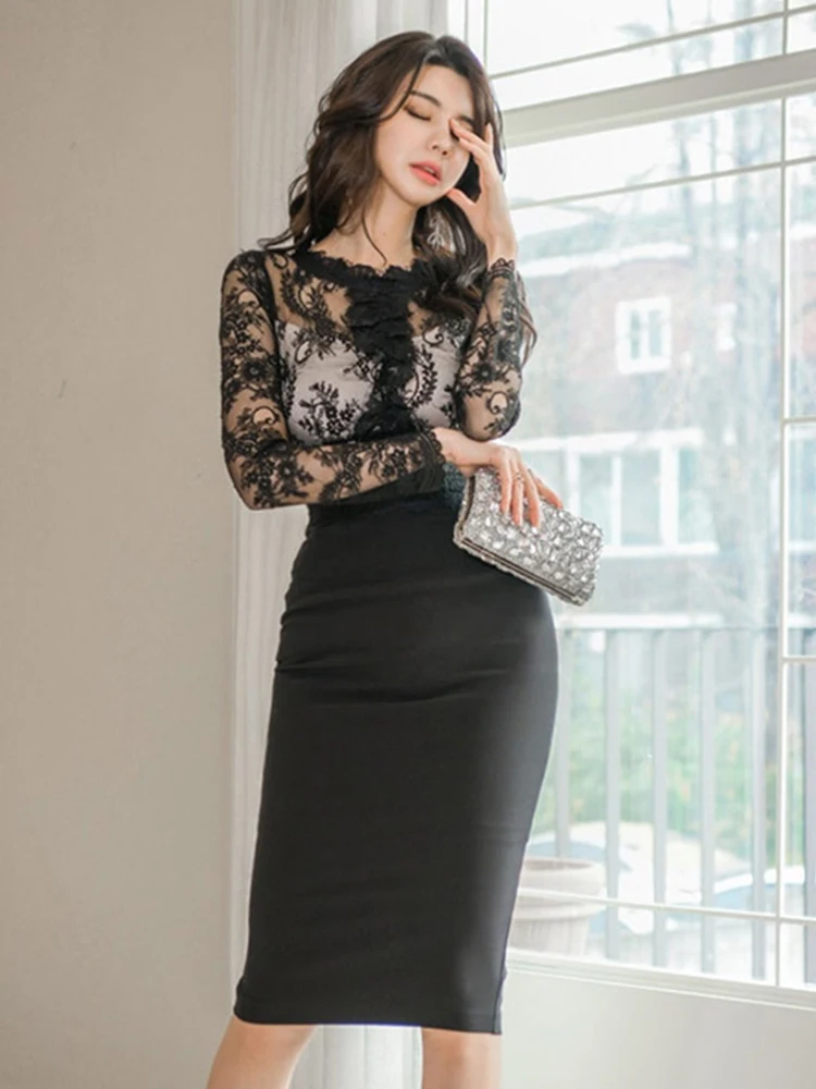 

new arrival women sexy lace perspective formal dress fashion casual comfortable slim party elegant black cute sexy pencil dress