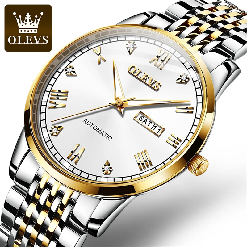 Enlarge OLEVS Brand New Luxury Men Automatic Watch Fashion Stainless Steel Strap Mechanical Watch Week Calendar Waterproof Reloj Hombre