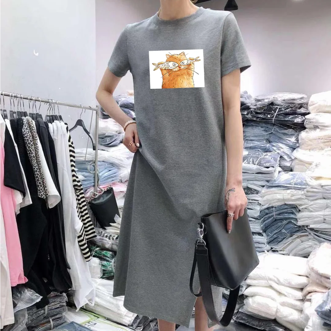 

Fashion Printed Dress Women Summer 2021 Cute Cats Cartoon Vestidos De Mujer Casual Girls Harajuku Midi Dresses O-Neck Clothing