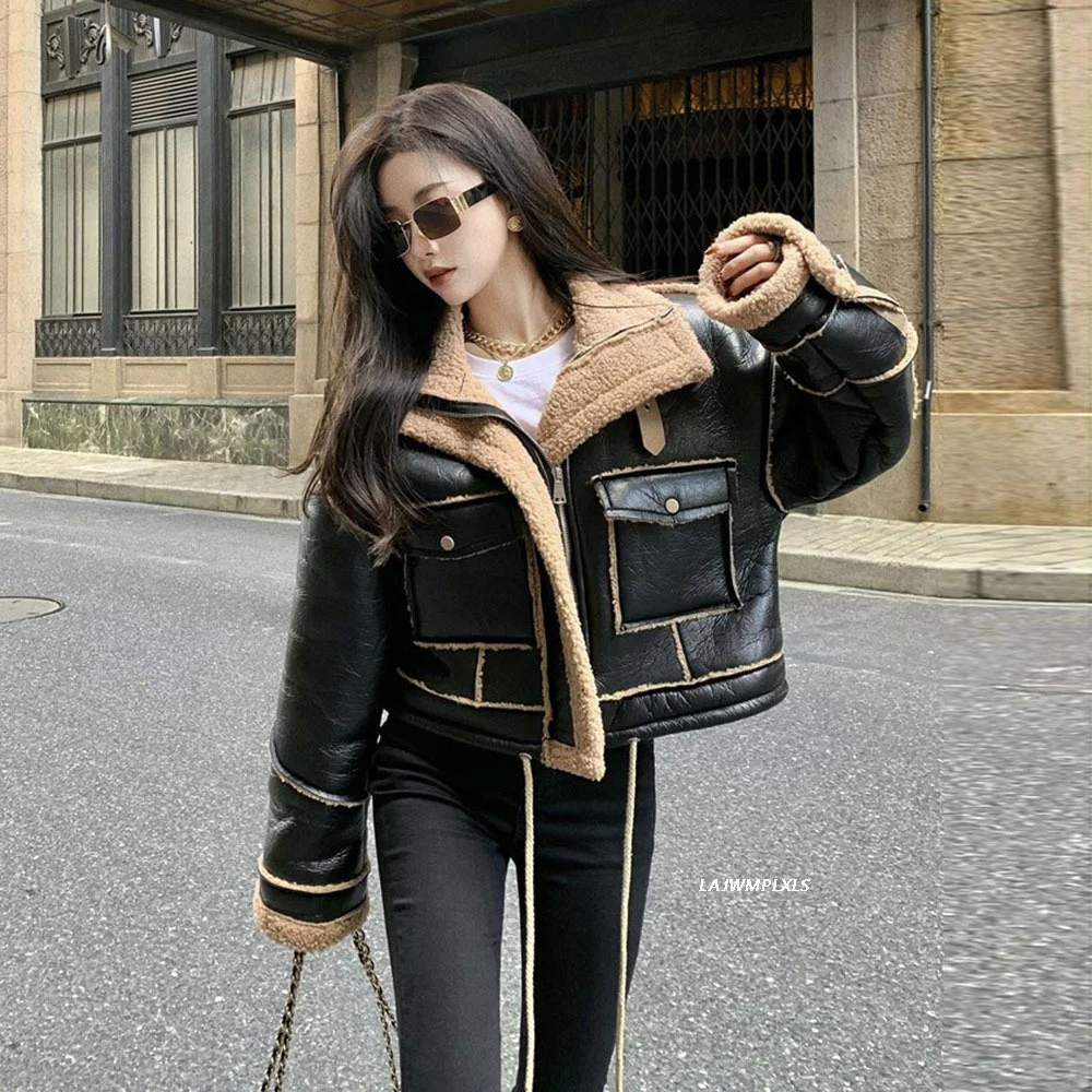 Black Women High Quality Motorcycle Jacket Thermal Warm Parkas Short Design Lamb Fur Flight Coat