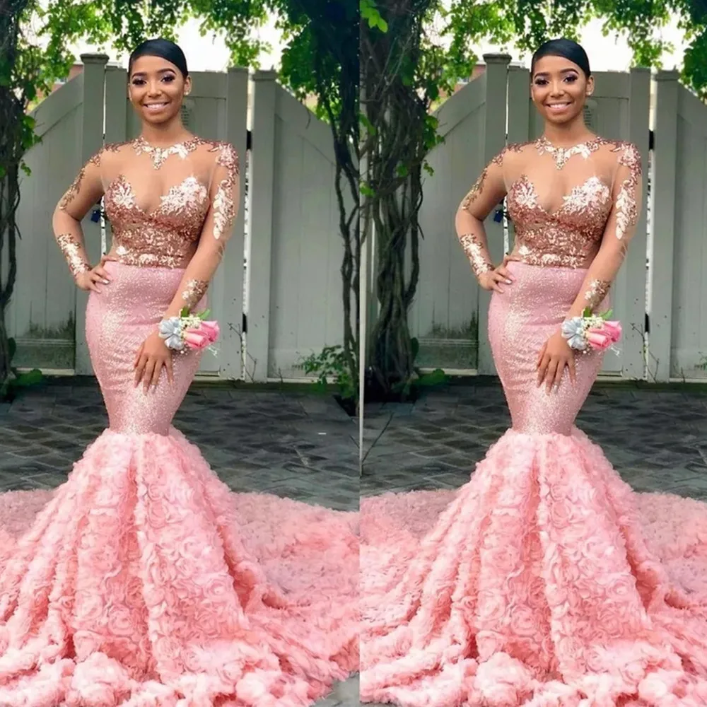 

Сексуальное розовое платье для выпускного вечера 2022 черная девушка Русалка с блестками кружево 3D цветок с длинным рукавом Африканское офиц...
