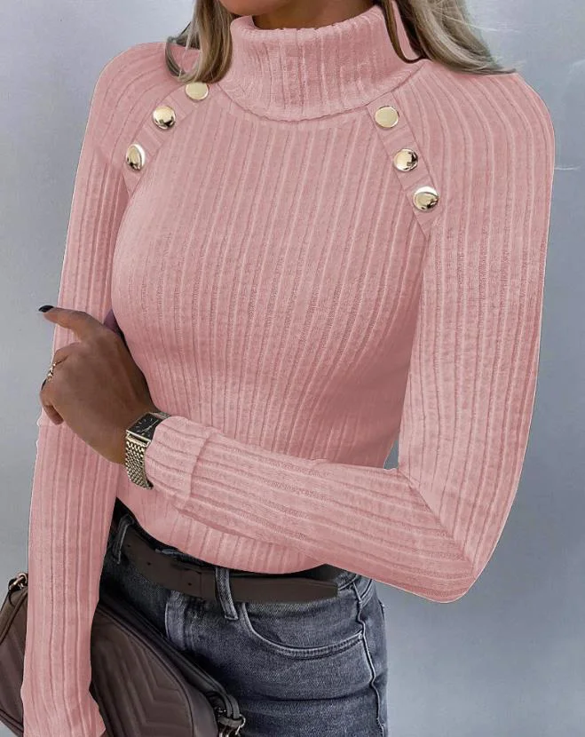

Woman Fashion High Neck Buttoned Ribbed Top Women's Casual Clothing Commuting Female Long Sleeve Skinny Pullovers T-Shirt