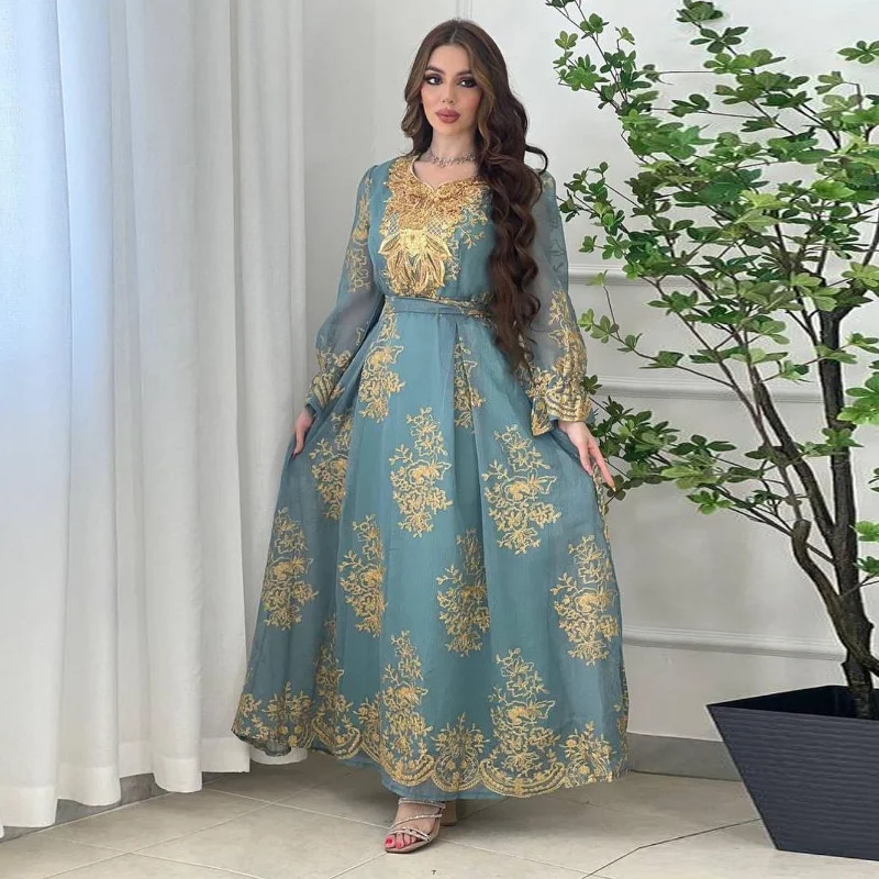 Muslim Fashion Dresses 2023 Spring Summer Muslim Women Long Sleeve V-neck Polyester Embroidery Long Dress Muslim Abaya