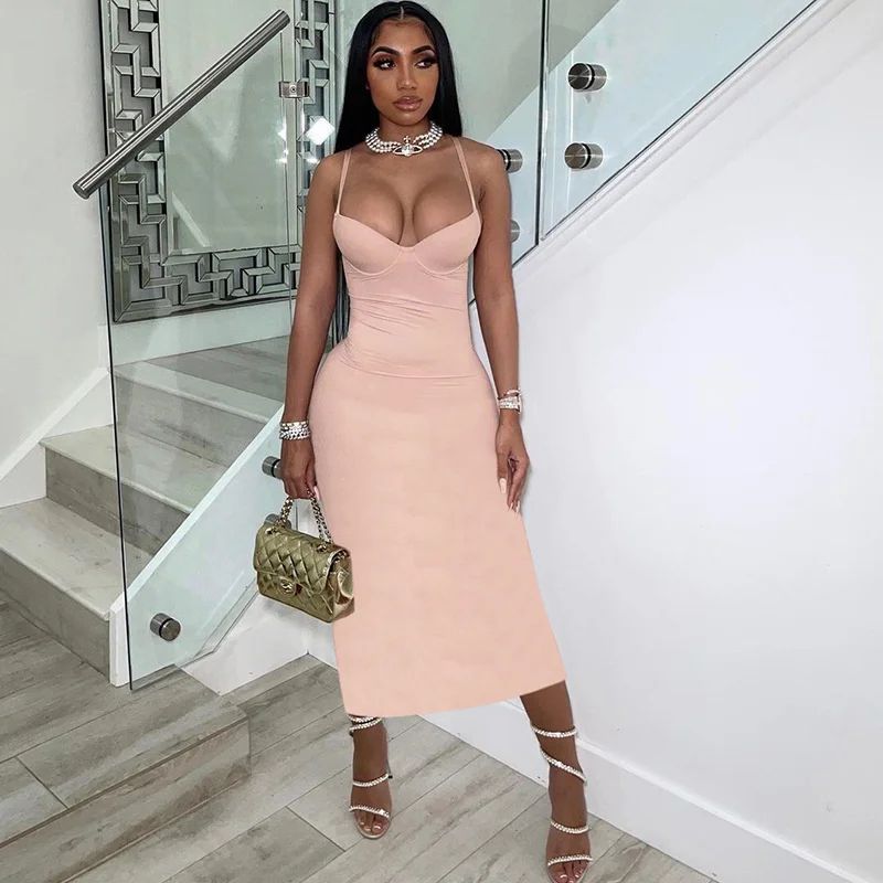 

Sylph Solid Elegant Dresses For Women Maxi Sexy Strap Low Neck Parti Dress Body-Shaping Cleavage Vestidos Slim Female Clothing