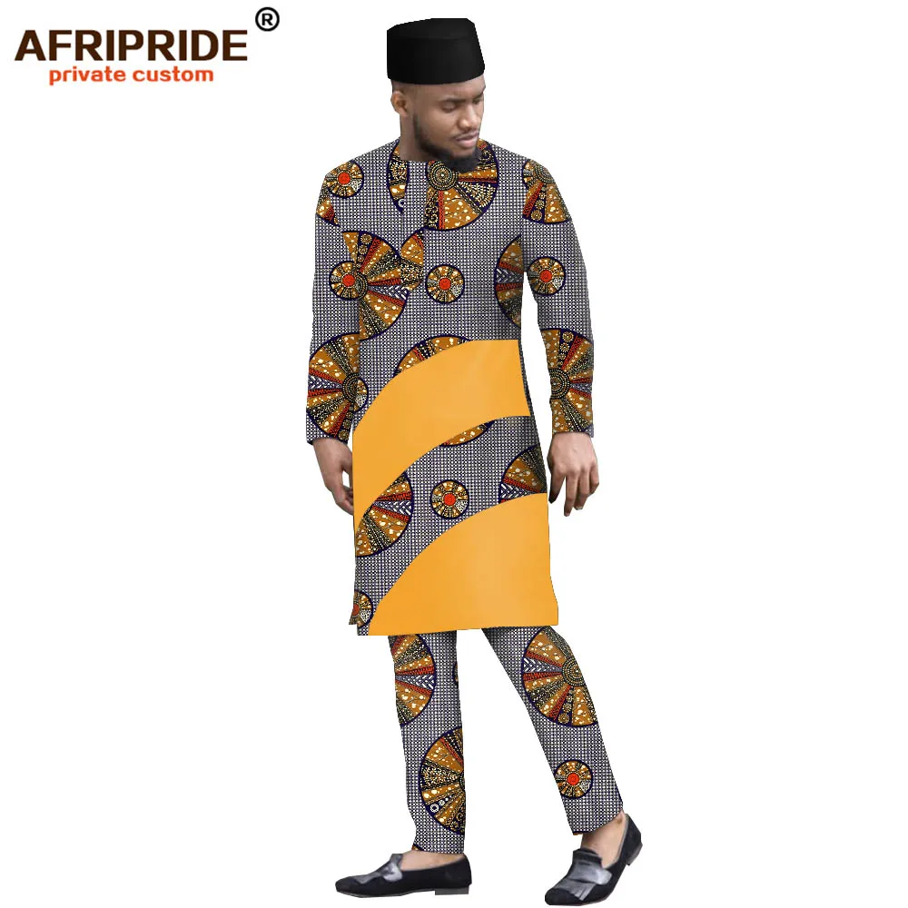 African Clothing for Men Print Long Shirts Ankara Pants Tribal Hat 3 Piece Suit Dashiki Outfits Outwear AFRIPRIDE A1916004B