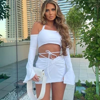 women summer skirt set sexy off shoulder halterneck crop tops with flared long sleeve and pleated a line mini skirt