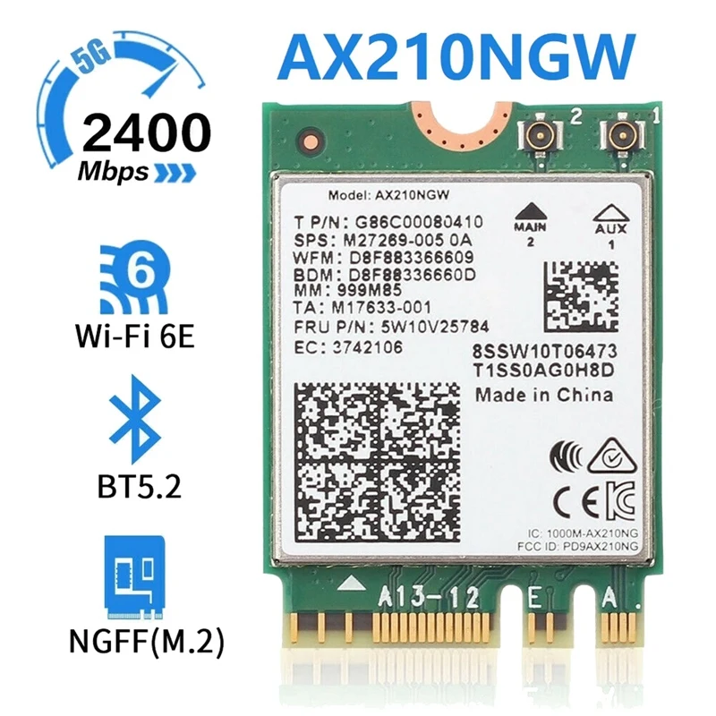 

AX210 AX210NGW Network Card M.2 NGFF 2.4Ghz/5G WI-FI 6E 2400Mbps Wifi Card 802.11Ax Bluetooth 5.2 Wifi Adapter