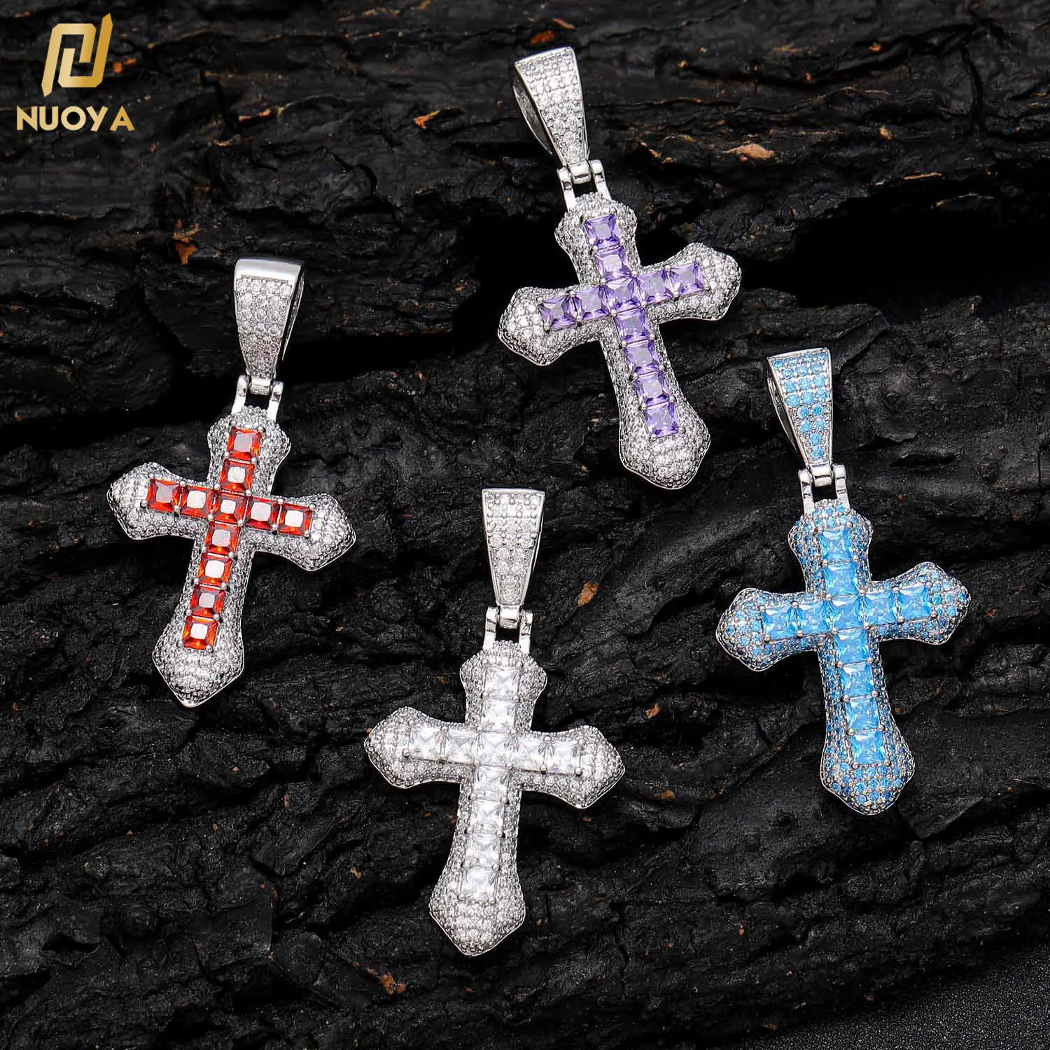

Hip Hop Jewelry Full Diamond Iced Out CZ Cubic Zirconia Colorful Cross Pendant Necklace for Men Women
