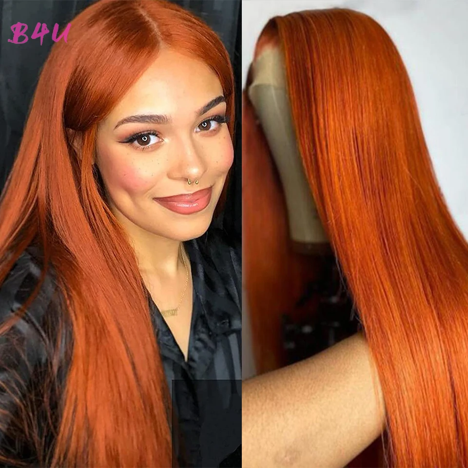 B4U Orange Ginger Straight Human Hair Wigs Body Wave Lace Front Wig Brazillian Remy Lace Closure Colored Human Hair Wigs