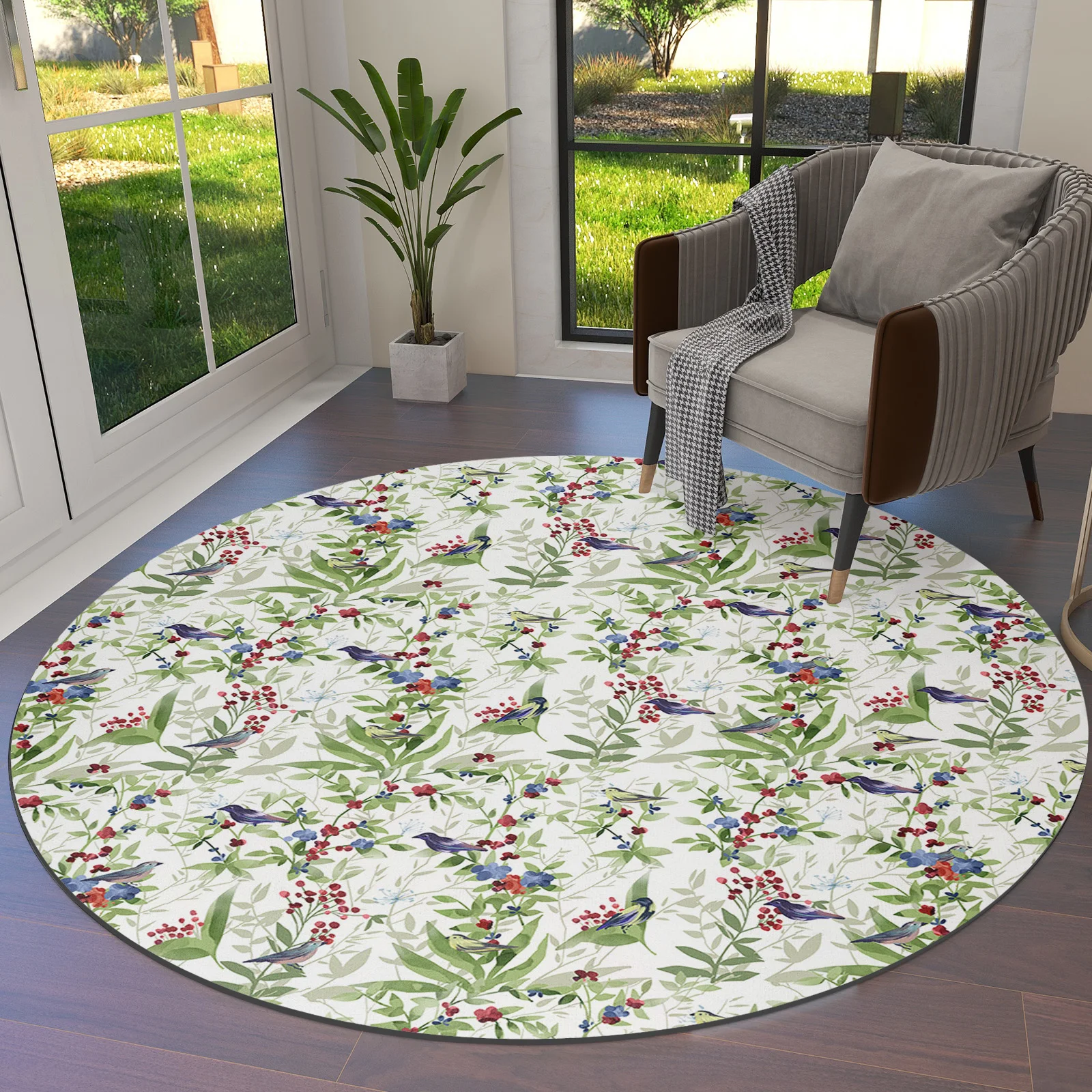 

Зеленые круглые коврики ручной росписи с растениями и птицами, коврики для гостиной, большой круглый напольный коврик, украшение для дома, спальни, детской комнаты