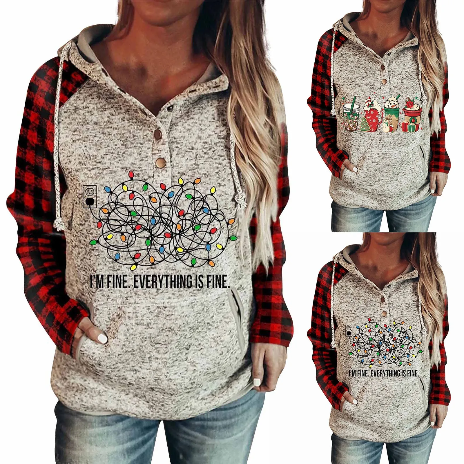 

Женский пуловер, толстовки в клетку с рождественским принтом, свитшоты на пуговицах с длинным рукавом и молнией, зимняя Женская толстовка