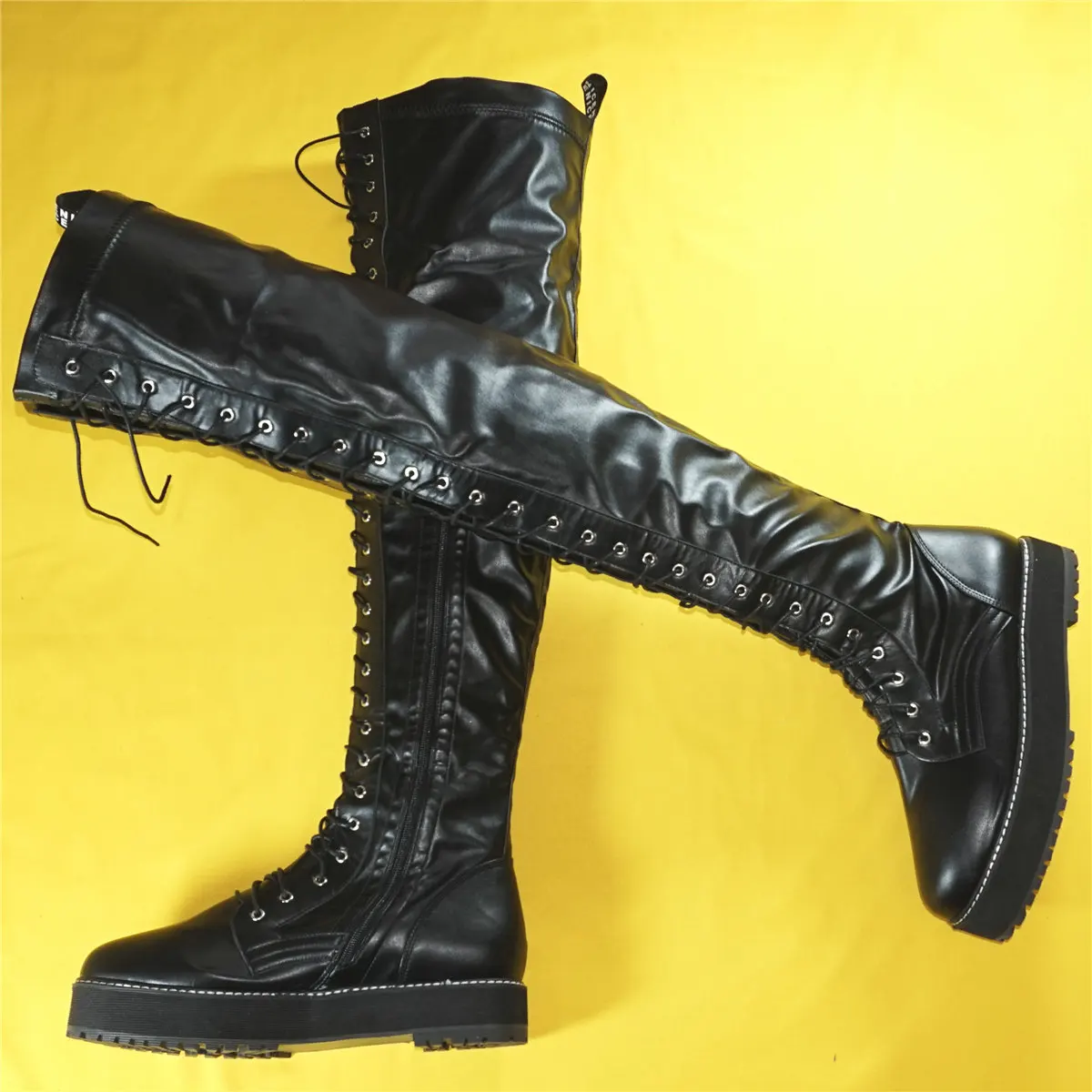 Black Pumps Shoes Women Lace Up Chunky Platform Over The Knee Thigh High Boots Female Round Toe Fashion Sneakers Casual Shoes