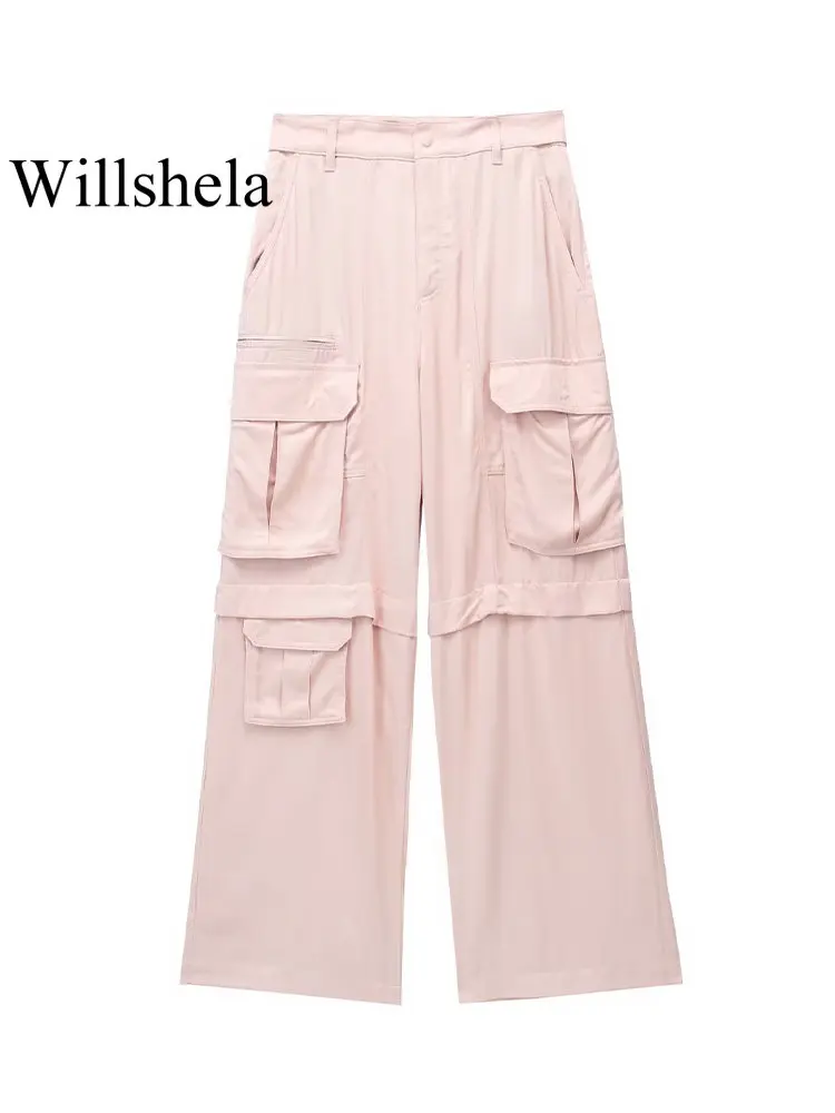 

Willshela женские модные розовые брюки-карго на молнии спереди с карманами винтажные женские брюки с высокой талией