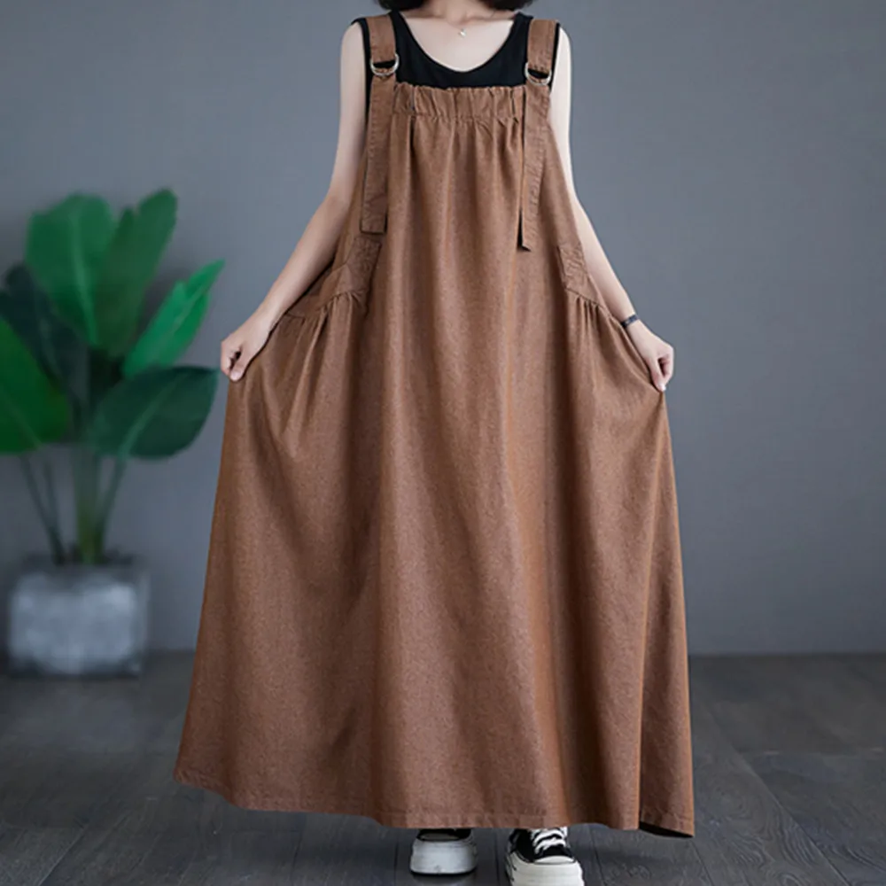 

Women’s Sleeveless Suspender Dress Vintage Cargo Maxi Dresses Floor Length Large Swing Long Summer Dresses
