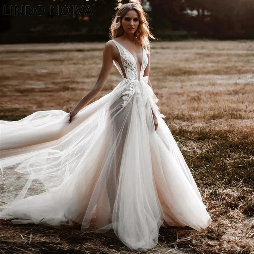 

LINDO NOIVA Sexy Backless Wedding Dress For Bride 2023 Illusion V-Neck Bridal Gown Applique Sweep Train A-Line vestidos de novia