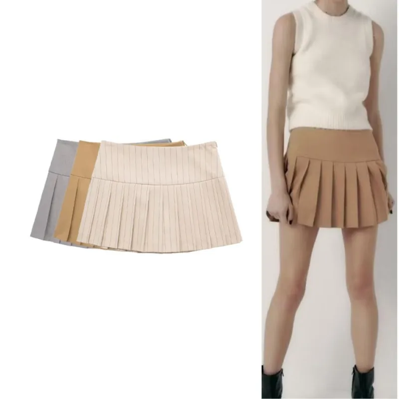 RDMQ 2023 Spring Women Fashion Pinstripe Pleated Shorts Skirts Vintage High Waist Side Zipper Female Skort Mujer