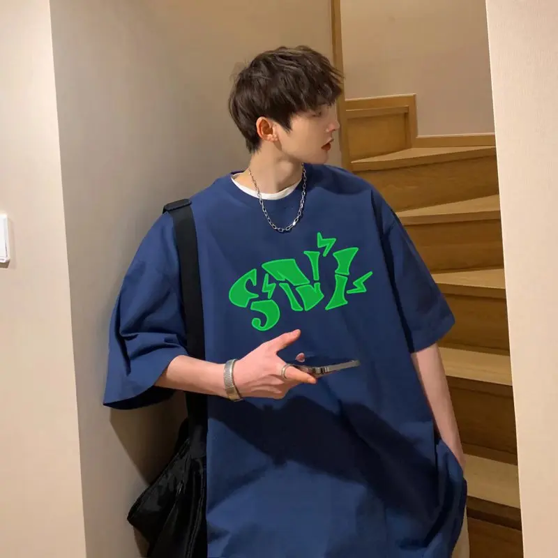 

Новинка лета 2022, Мужская футболка с круглым вырезом и короткими рукавами с принтом, Мужская свободная Универсальная футболка с принтом и пя...