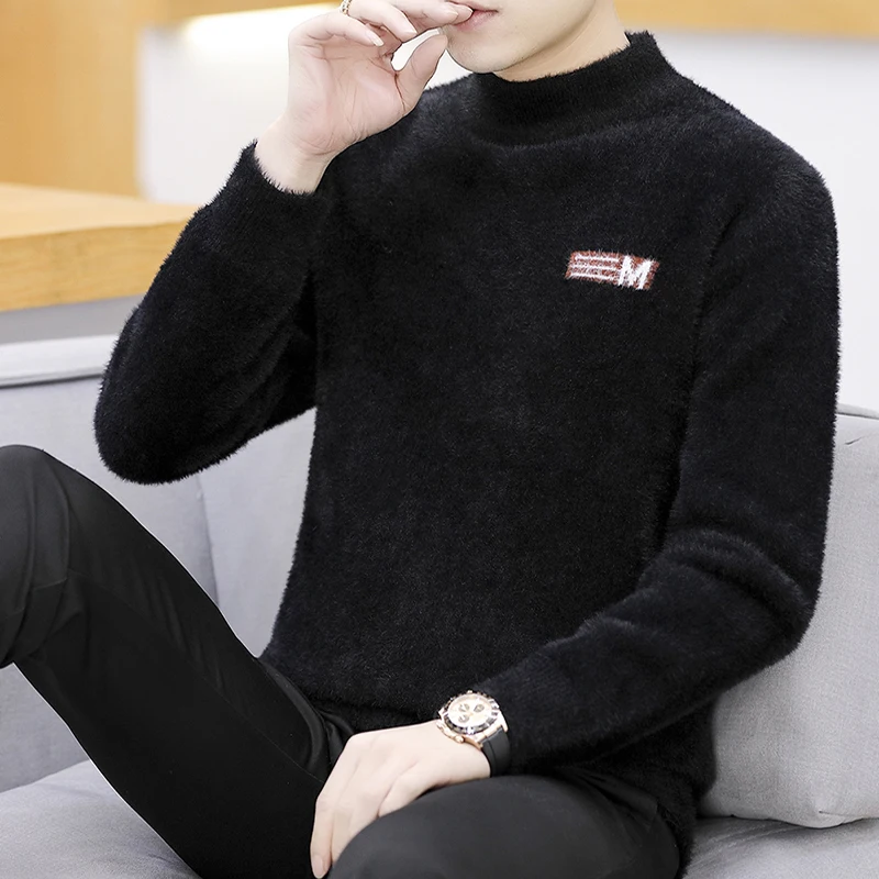 Mink Cashmere Men's Half-turtleneck Embroidered Sweater Autumn/winter Thickened Cashmere Jumper for Teenagers Thermal Underwear
