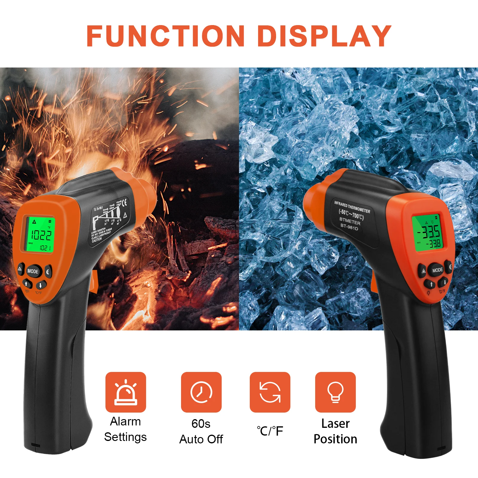 Фото BTMETER BT-981D Инфракрасный пистолет для измерения температуры, -50 ℃   До 550° ℃   Диапазон, быстрая реакция 500 мс, соотношение расстояния 12:1, для промышленного применения №3