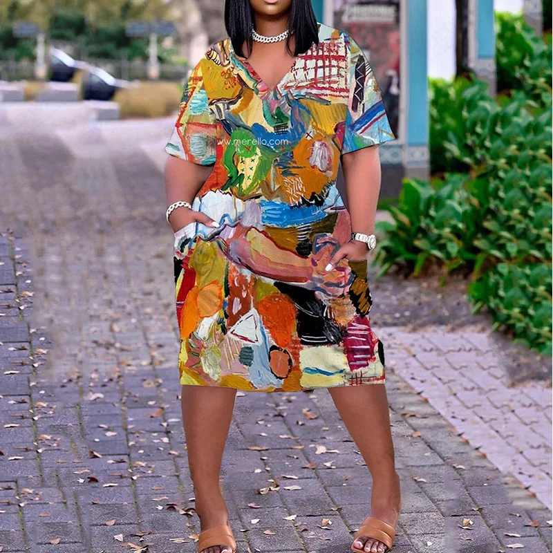 

New Asian Floral Dress Africa V Neck Summer Clothing Short Sleeve Women'S Summer Elegant Women'S Dresses Sexy Woman Clothes