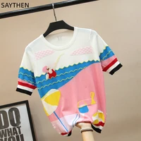 saythen spring and summer new seaside beach figure swimming figure knitted sweater short sleeved t shirt womens clothing