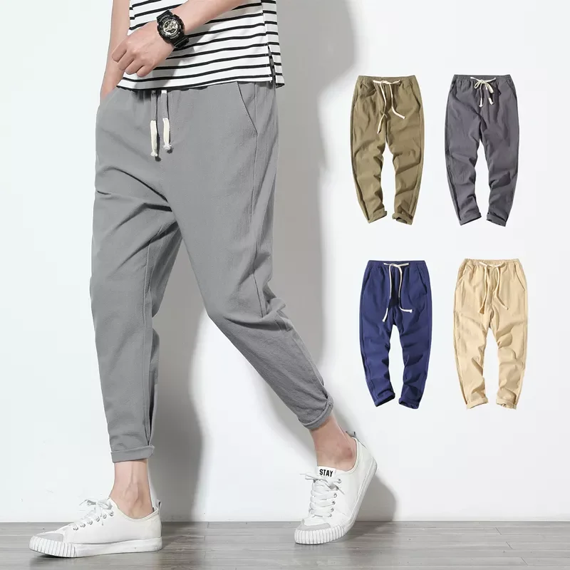 

Cotton Joggers Men Solid Men's Harem Pants 2022 Summer Fitness Casual Ankle-Length Mens Trousers Streetwear Slim Male Pants