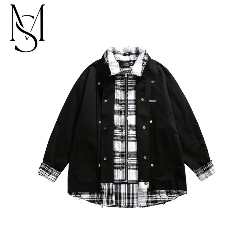 

Collection of autumn new American street fashion brand retro plaid fake two-piece patchwork jacket Men's and women's fashion