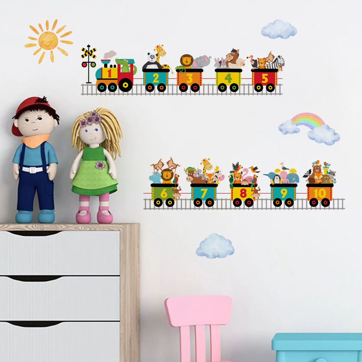 Акварельные Мультяшные животные цифры поезд медведь слон жираф настенные