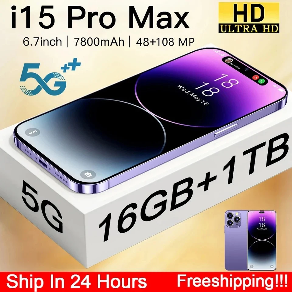 

New i15 Pro Max Android Smartphone 2023 New 6.7-inch Full Screen Face Recognition 16GB+1TB Global 4G 5G Phone
