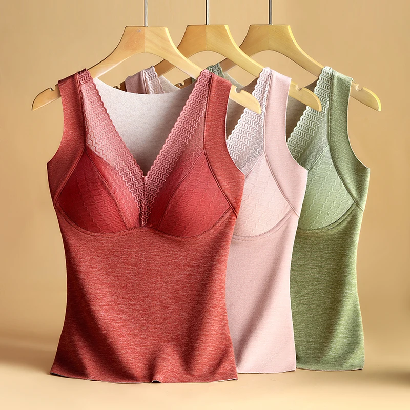 Thermal Women Underwear Plus Silk &Sheep Wool Velvet Seamless Lace Vest Woman Clothes With Chest Pad Cup For Autumn And Winter
